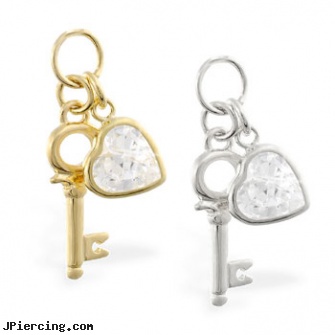 14K Yellow Gold CZ jeweled heart and key pendant, yellow gold diamond nose ring, sexual gold charms, gold cock ring, gold clit charms, gold jeweled labret ring