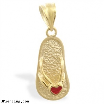 14K Yellow Gold Flipflop Pendant with Small Heart, yellow gold diamond nose ring, gold talon body jewelry, gold nipple rings, gold body jewlery, small eyebrow piercing