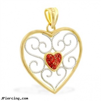 14K Yellow Gold Heart Charm with Red Glitter Center, yellow gold diamond nose ring, ear cuff jewelry gold, gold piercing jewelry, diamond gold nose stud nose ring, heart pics