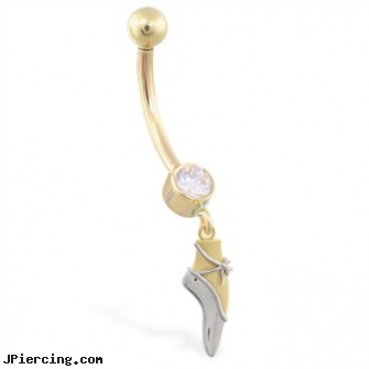 14K Yellow Gold jeweled belly ring with dangling ballet shoe pendant, yellow gold diamond nose ring, 14k gold body jewelry, gold diamond body jewelry, gold belly ring, 18g jeweled labrets