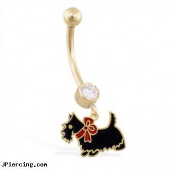14K Yellow Gold jeweled belly ring with dangling enameled dog, yellow gold diamond nose ring, nipple rings and gold, 14 kt gold plated belly button navel ring, gold belly jewelry, jeweled navel slave rings