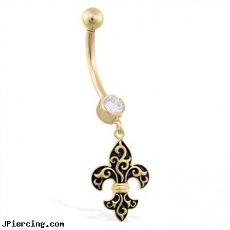 14K Yellow Gold jeweled belly ring with dangling Fleur-de-Lis Charm, yellow gold diamond nose ring, solid gold plugs gauge, gold navel jewelry, gold nose stud, 18g jeweled labrets