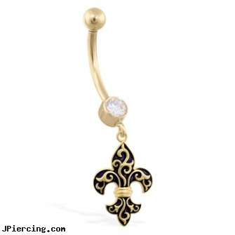 14K Yellow Gold jeweled belly ring with dangling Fleur-de-Lis Charm, yellow gold diamond nose ring, solid gold plugs gauge, gold navel jewelry, gold nose stud, 18g jeweled labrets