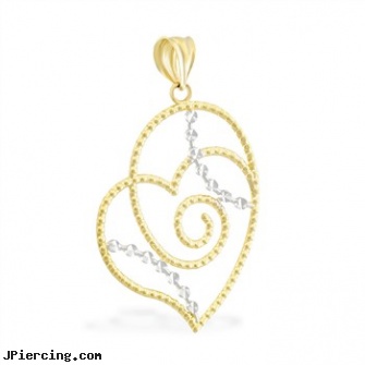 14K Yellow Gold Large Swirl Heart Charm with White Gold Accents, yellow gold diamond nose ring, gold mermaid body jewelry, gold cz belly button rings, gold diamond body jewelry, large gauge peircings