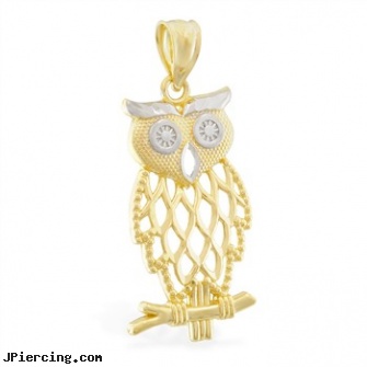 14K Yellow Gold Owl Charm with White Gold Accents, yellow gold diamond nose ring, gold cz belly button rings, nipple rings gold, gold crystal belly button ring naval jewelry, nipple charms
