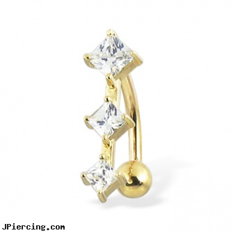 14K yellow gold reversed belly button ring with three square CZ, yellow gold diamond nose ring, gold labret, nipple rings gold, 14kt gold belly ring, reversed celtic navel ring