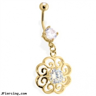 14Kt Golde Plated Flower Navel Ring with Single CZ Stone In Center, golden retriever belly button rings, gold plated navel jewelry, 14 kt gold plated belly button navel ring, 14 gold plated belly rings, flower nipple shields