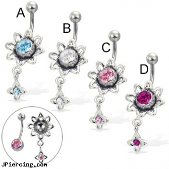 2-In-1 Belly Button Ring with Dangling Flower (Removable Charm!), belly navel ring, opal belly ring, niobium belly rings, belly button jewelry birthstone, how to take care of belly button piercing