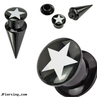 2-In-1 Interchangeable Black Acrylic Screw Fit Taper With Star, nipple jewelry interchangeable base rings, non piercing nipple jewelry with interchangeable base rings, black whole body piercing, black body piercing jewelery, black onyx navel ring