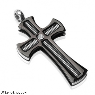 316 Stainless Steel PVD Black Gothic Coil Centered Gem Cross Pendant, surgical stainless steel navel jewelry, buy stainless steel lip ring, stainless steel piercing body jewelry, cold steel body jewelry, surgical steel belly rings