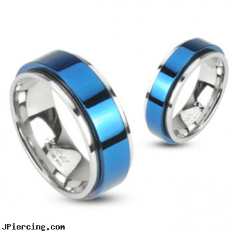 316L Stainless 2 Tone Double Layered Ring with Blue IP Spinning Center, 316l jewelry cards, stainless steel rings, surgical stainless steel body jewelry, stainless steel belly rings, birth stone