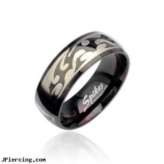 316L Stainless Steel Black Ring with Tribal Engraving, 316l jewelry cards, stainless steel piercing body jewelry, stainless steel triple cock ring, stainless steel body jewelry, surgical steel flat disc nose stud