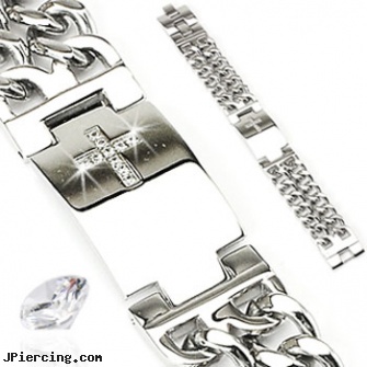 316L Stainless Steel Bracelet With Gem Paved Cross Plate & Double Chains On Each Side, 316l jewelry cards, surgical stainless steel body jewelry, navel jewelry surgical stainless steal internal thread, surgical stainless steel navel jewelry, steel jewelry