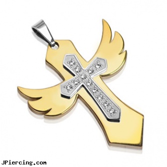 316L Stainless Steel Gold Tone Angelic Cross with Multi-Gem Cross In The Middle, 316l jewelry cards, stainless steel body jewelry, buy stainless steel lip ring, stainless steel cock ring, 12 gauge steel ear plugs