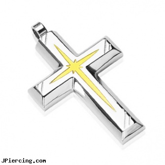 316L Stainless Steel PVD Gold Star Centered Cross Pendant, 316l jewelry cards, stainless steel belly rings, stainless steel rings, navel jewelry surgical stainless steel internal thread, steel spike nipple shields