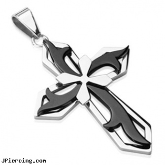 316L Stainless Steel with Tribal Black PVD Cross on Cross Pendant, 316l jewelry cards, stainless steel body jewelry, surgical stainless steel body jewelry, stainless steel nose rings, surgical steel navel jewelry