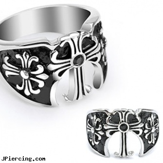 316L Surgical Steel Ring with Three Medieval Cross with a Black Gem, 316l jewelry cards, surgical steel navel rings, surgical steel nose stud, surgical placement of rings in cock and scrotum, cold steel body jewelry