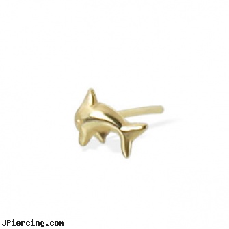 9K yellow gold dolphin nose stud, 22 ga, yellow gold diamond nose ring, 18k gold body jewelery, gold nipple jewelry, gold tongue ring, dolphin navel ring