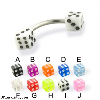 Acrylic Dice Curved Barbell,14 Ga, acrylic piercing, acrylic tongue rings barbells, 10 gauge acrylic tapers, dice ear jewelry, belly button dice rings