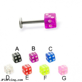 Acrylic dice labret, 16 ga, acrylic ear body jewelry, acrylic tongue rings, acrylic eyebrow rings, dice belly button rings, belly button dice rings