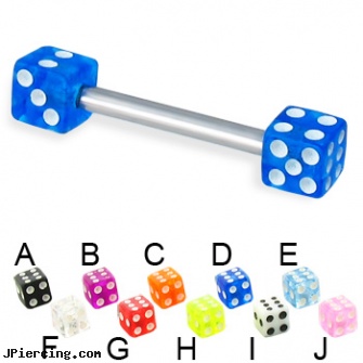 Acrylic dice straight barbell, 12 ga, acrylic piercing, acrylic tongue barbells, acrylic labret, dice ear jewelry, dice tongue rings