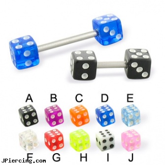 Acrylic dice straight barbell, 14 ga, acrylic eyebrow rings, body jewelry plugs acrylic, acrylic tongue rings barbells, dice tongue rings, dice belly button rings