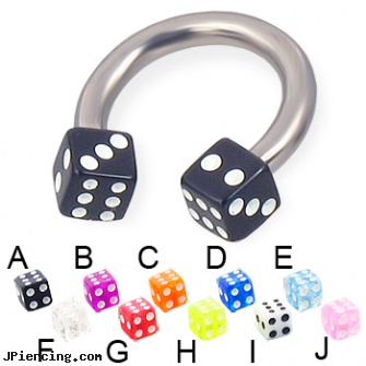 Acrylic dice titanium circular barbell, 10 ga, acrylic nose studs, acrylic eyebrow rings, acrylic labrets, dice ear jewelry, dice tongue rings