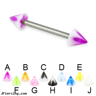 Acrylic flower cone titanium straight barbell, 14 ga, acrylic eyebrow rings, acrylic tapers, acrylic tongue rings, flower pics, flower nipple shields