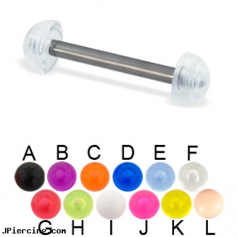 Acrylic half ball titanium straight barbell, 12 ga, gauge acrylic body jewelry, uv acrylic body jewellery canada, body jewelry plugs acrylic, cock and ball piercing, captive ball