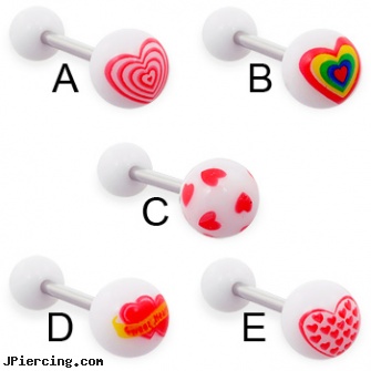 acrylic heart logo tongue rings, 14 ga, acrylic labrets, uv acrylic body jewellery canada, acrylic nose studs, heart tattoos, sacred heart tatoo and body piercings