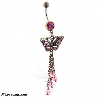 Antique style belly ring with dangling butterfly and dangles, antique navel rings, styles of nose piercing, western style tongue studs, nose ring styles, solid gold belly button ring