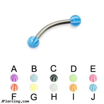 Beach ball eyebrow ring (curved barbell), 16 ga, beach body peircing, genital piercing in virginia beach, beach ball barbell and eyebrow piercing, flashing labret ball, belly ring balls