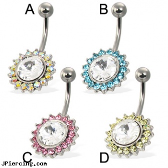 Belly button ring  with big gem framed by small color gems, unique belly button rings, belly ring studs, belly button piercing infections, lena katina- belly button piercing, thrusting tongue ring