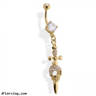 Belly Button Ring Gold Tone with Skull And Dagger, Clear Stone, customized belly rings, playboy naval belly rings wholesale, belly navel color flashing koosh ring, golden retriever belly button rings, belly buttons rings