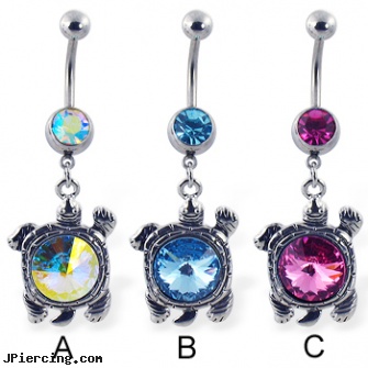 Belly button ring with dangling big jeweled turtle, mustang belly button ring, 14 karet 16 gauge belly button rings, how to change belly ring, belly button rings with screw on beads, 24 bicycles cock ring