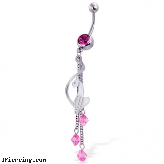 Belly button ring with dangling cat and three gems on chains. Length: 7 ...