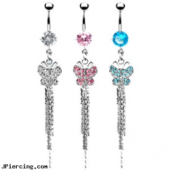 Belly button ring with dangling jeweled butterfly with chains, belly navel ring, belly button, scorpion belly rings, eeyore belly button ring, belly button piercings pictures
