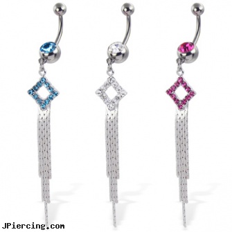 Belly button ring with dangling jeweled square and chains, outtie belly button piercing, cost of belly button piercing in new jersey, shedevil belly rings, belly button rings wholesale, cock rings and nude beaches