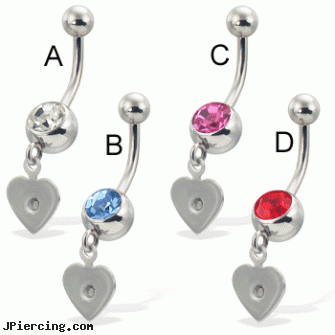 Belly button ring with dangling steel heart, cleaning and care for belly button piercings, starter belly button rings, rose belly jewelry, piercing belly buttons, superman navel ring
