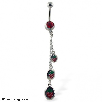 Belly button ring with dangling strawberries, way belly rings, christmas belly rings, fairy belly ring, dangling heart belly button ring, belly button