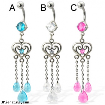 Belly button ring with heart and three teardrop gems on chains, belly button ring measuring, punk belly rings funny, fairy belly ring, belly button jewelry rings, at home belly button peircing needles