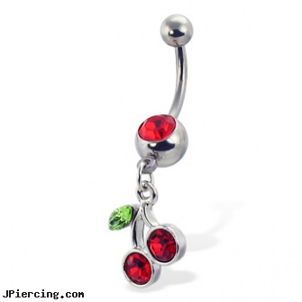 Belly Button Ring With Jeweled Cherry, belly ring charms, retainer for belly button, scorpion belly ring, bellybutton piercings, 14 kt gold plated belly button navel ring