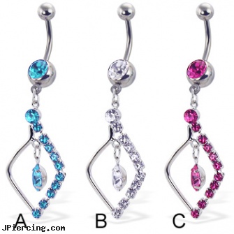Belly button ring with jeweled diamond-shaped charm, belly button ring lengths, how to take care of belly button ring, belly buttin rings, mood belly button rings, derek jeter tongue ring