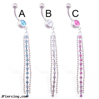 Belly button ring with long jeweled dangle and two chains, how to take care of belly button piercing, bellybutton rings, cute belly rings, belly button rings wholesale, how long does it take cartilage piercings to heal