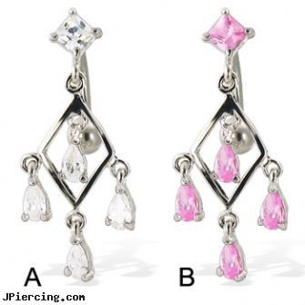 Belly button ring with square stone and dangling teardrops on a diamond-shaped frame, acrylic rainbow belly ring, heart shaped belly button ring, gold belly jewelery, indecent belly button rings, gold playboy bunny belly button rings