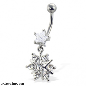 Belly button ring with star-shaped stone and jeweled dangling star, gothic belly button jewelry, elephant belly button rings, jeweled belly rings, baseball and belly button rings, nipple pump with rings