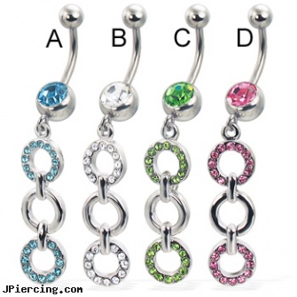 Belly button ring with three-ring jeweled dangle, infected belly rings, belly jewelry, tinkerbell belly button ring, belly button ring pink panther, belly button ring opinion