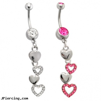 Belly Ring with Cascading Paved and Solid Hearts, mood belly rings, belly button piercing photo, belly dancing jewelry, nose rings with glasses, jewelry box ear ring