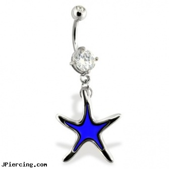 Belly Ring with Color Changing Dangling Star, belly button ring picture, body jewelry superman belly button ring navel, hello kitty belly rings, clip on navel ring, cock and ball ring