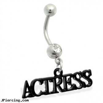Belly Ring with Dangling \"ACTRESS\", celtic belly rings, caring for your belly piercing, belly button piercing procedure, bitch tongue ring, dangling eyebrow jewery